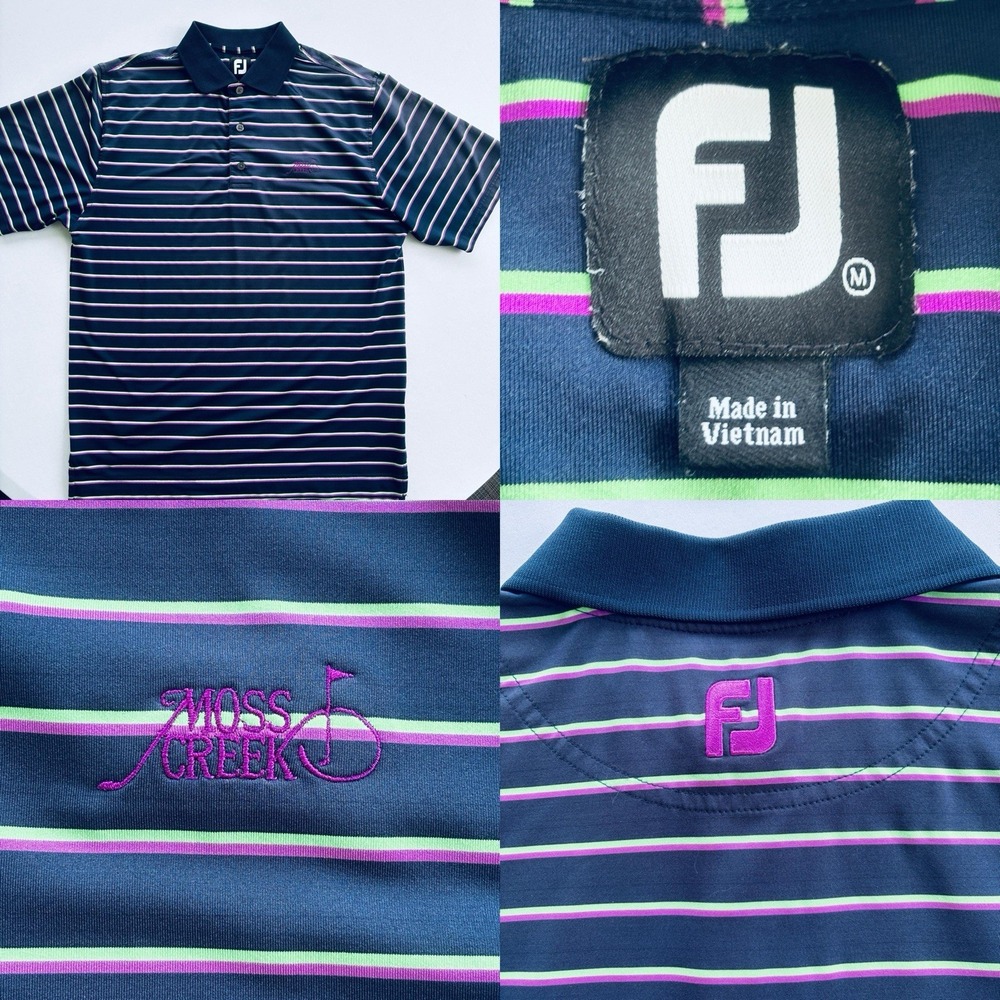 FootJoy Golf Polo Shirt M Moss Creek Navy Stripe Pink Green‎ Stretch Performance